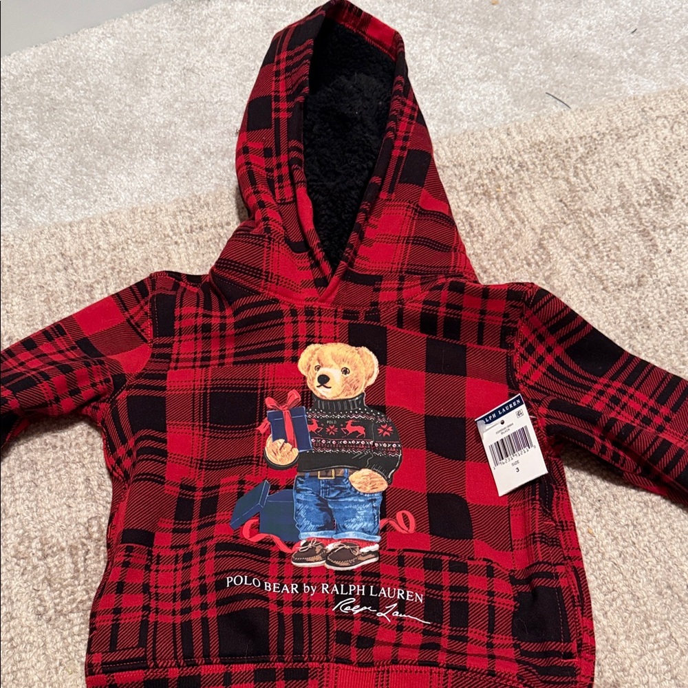 Ralph Lauren Kids Red & Black Plaid Polo Bear Hooded Sweatshirt